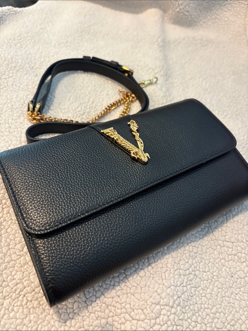 Versace Black Pebble Leather Crossbody with Gold V Chain